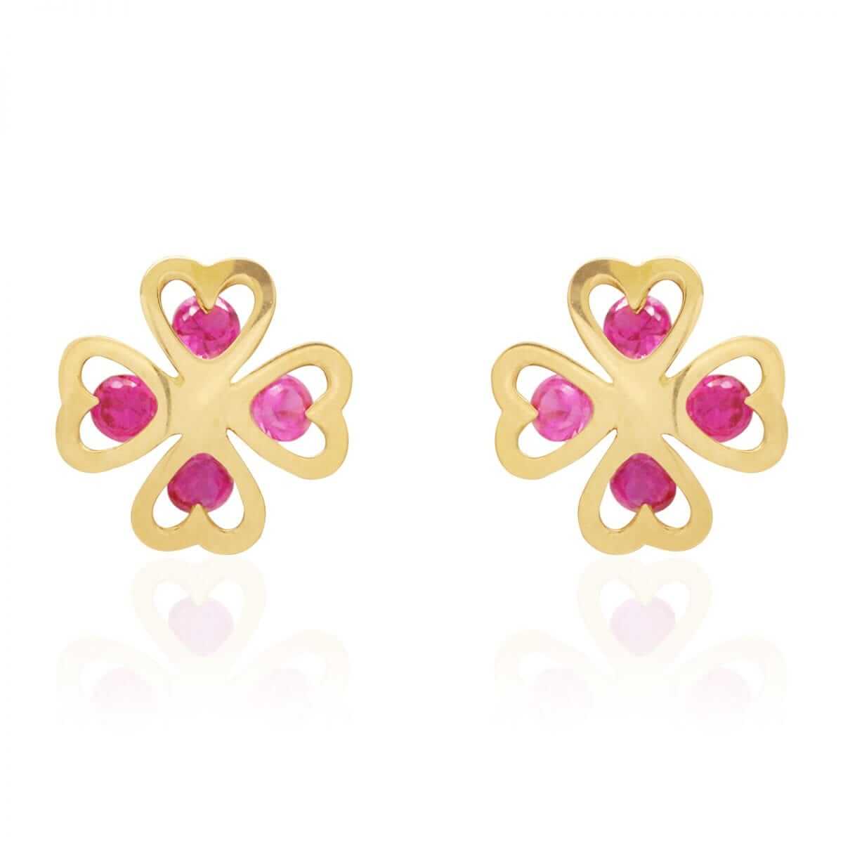 Round Ruby Four Leaf Clover 14k Yellow Gold Lucky Charm Screwback Stud Earrings
