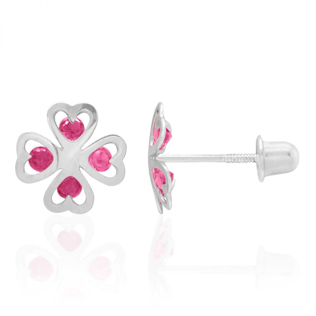 Ruby Four Leaf Clover Lucky Charm Baby Screwback Stud Earrings 14k White Gold