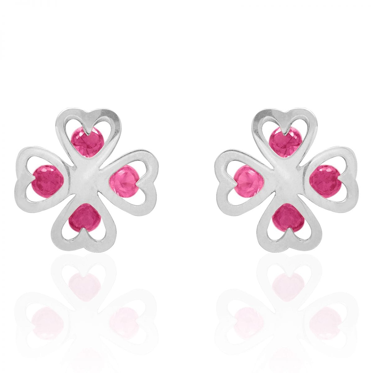 Ruby Four Leaf Clover Lucky Charm Baby Screwback Stud Earrings 14k White Gold
