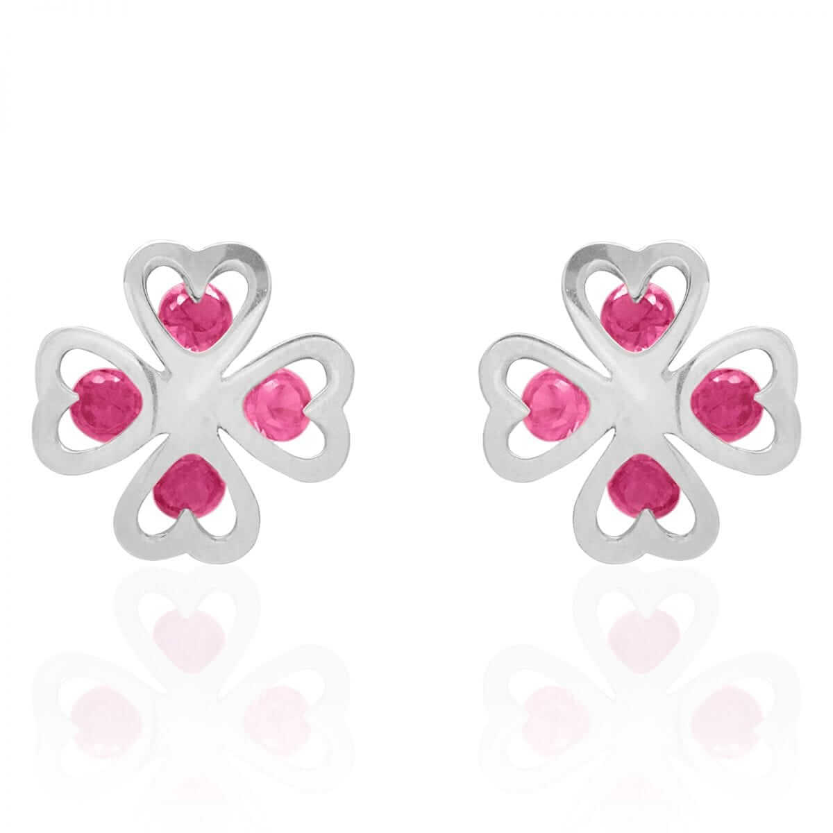 Ruby Four Leaf Clover Lucky Charm Baby Screwback Stud Earrings 14k White Gold
