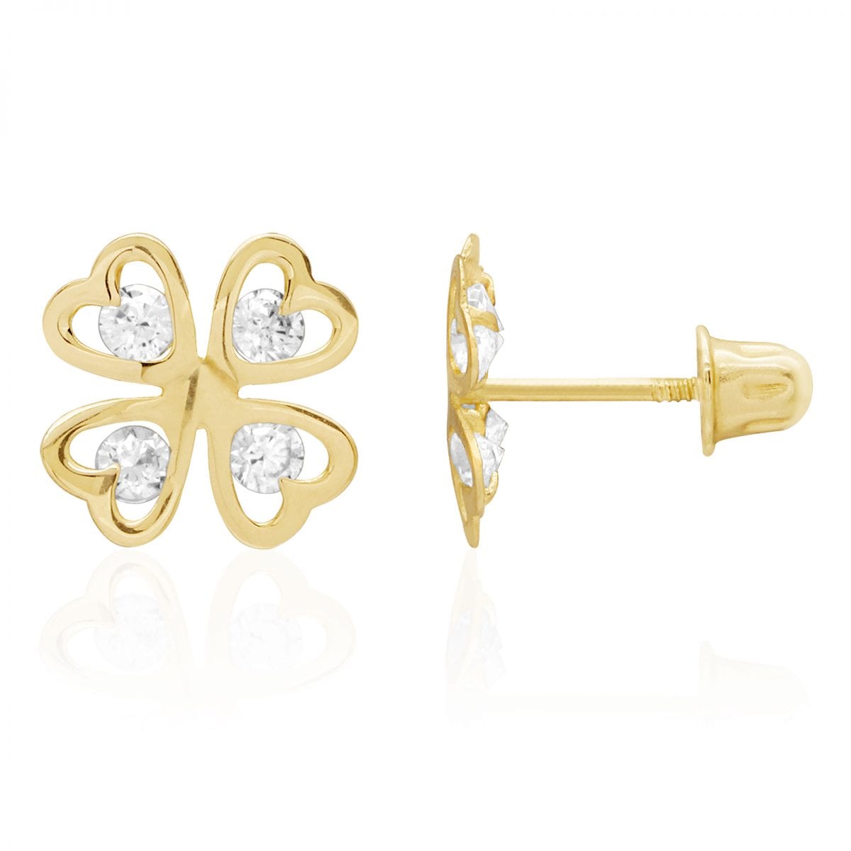 14k Yellow Gold Lucky Charm Round White Zircon Clover Screwback Stud Earrings