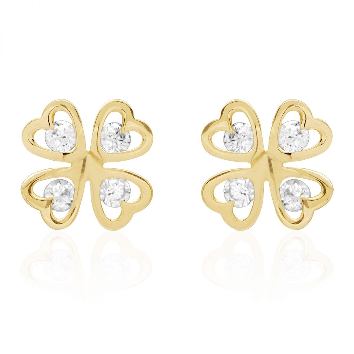 14k Yellow Gold Lucky Charm Round White Zircon Clover Screwback Stud Earrings