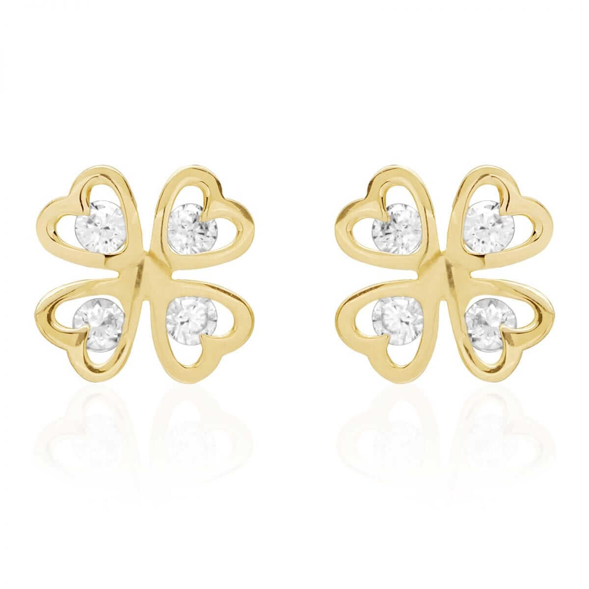 14k Yellow Gold Lucky Charm Round White Zircon Clover Screwback Stud Earrings