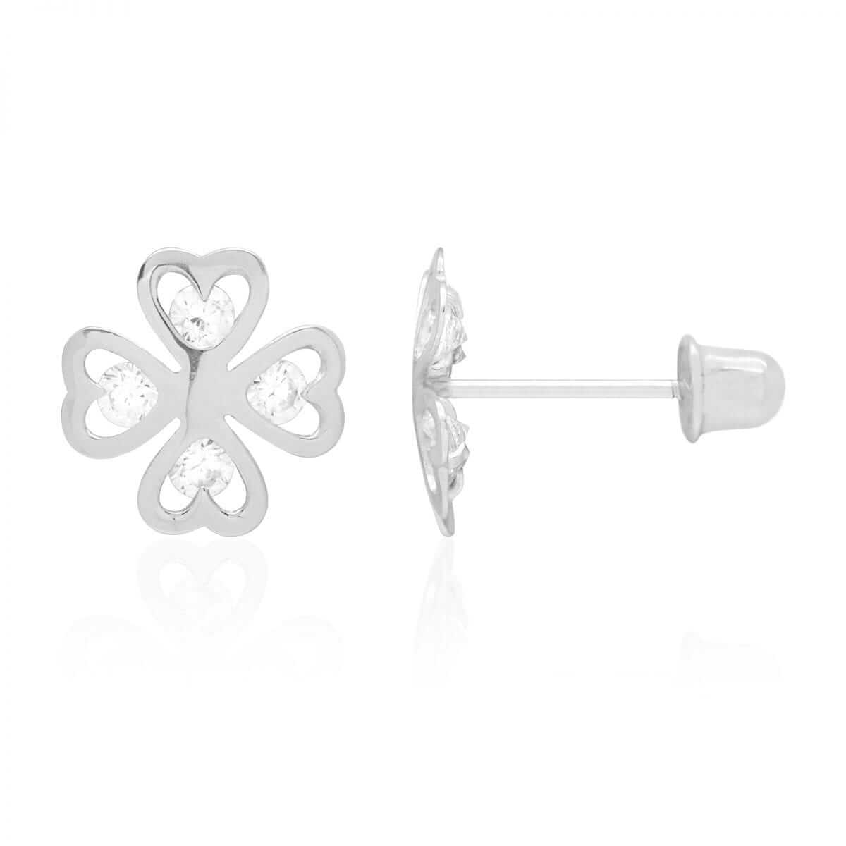 Round-Cut White Zircon Clover Lucky Charm Screwback Stud Earrings 14k White Gold