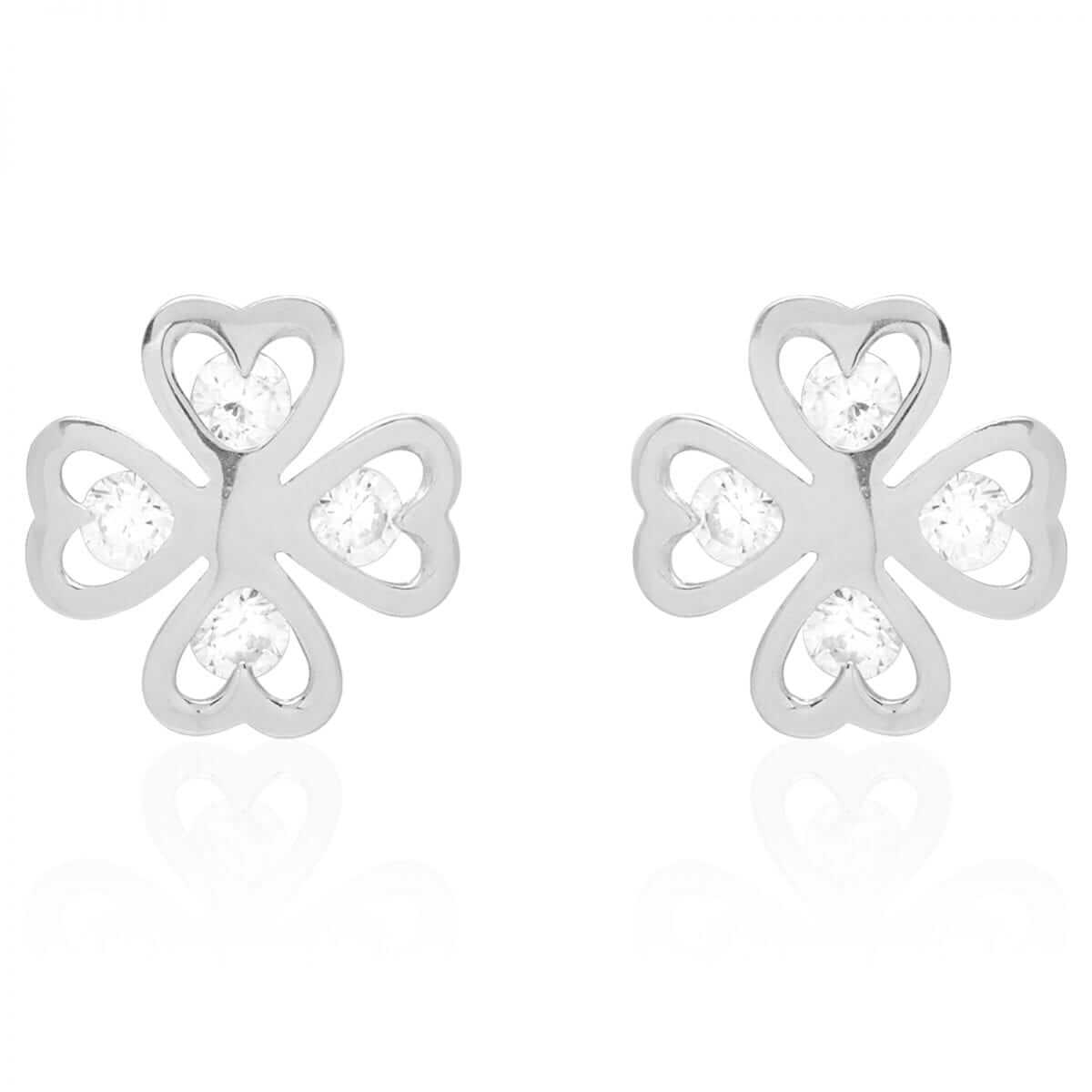 Round-Cut White Zircon Clover Lucky Charm Screwback Stud Earrings 14k White Gold