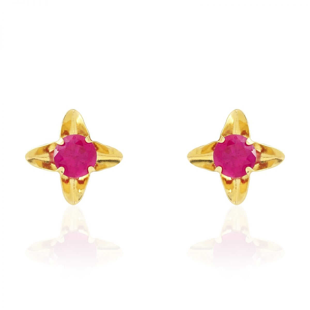 Round-Cut Ruby Birthstone Flower Screwback Stud Kid Earrings 14k Yellow Gold 7mm