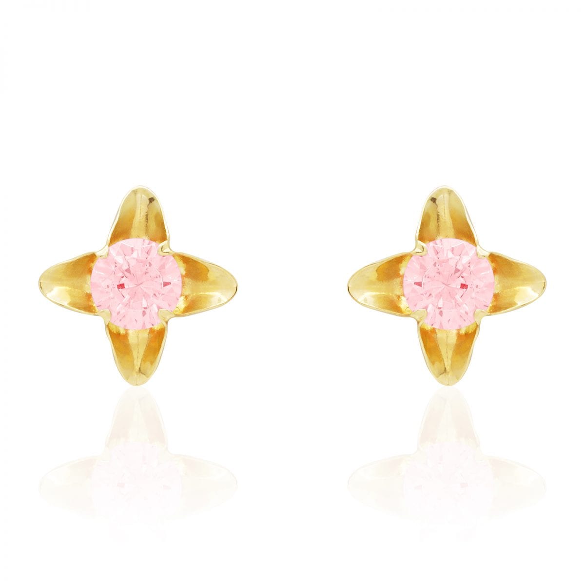 Pink Tourmaline Flower Stud Kid Earrings 14k Yellow Gold Screw-Back
