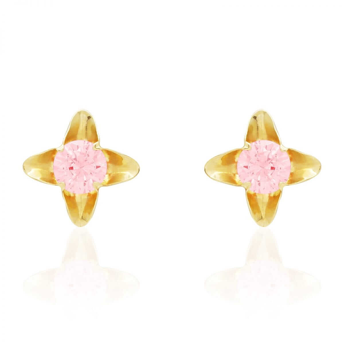 Pink Tourmaline Flower Stud Kid Earrings 14k Yellow Gold Screw-Back