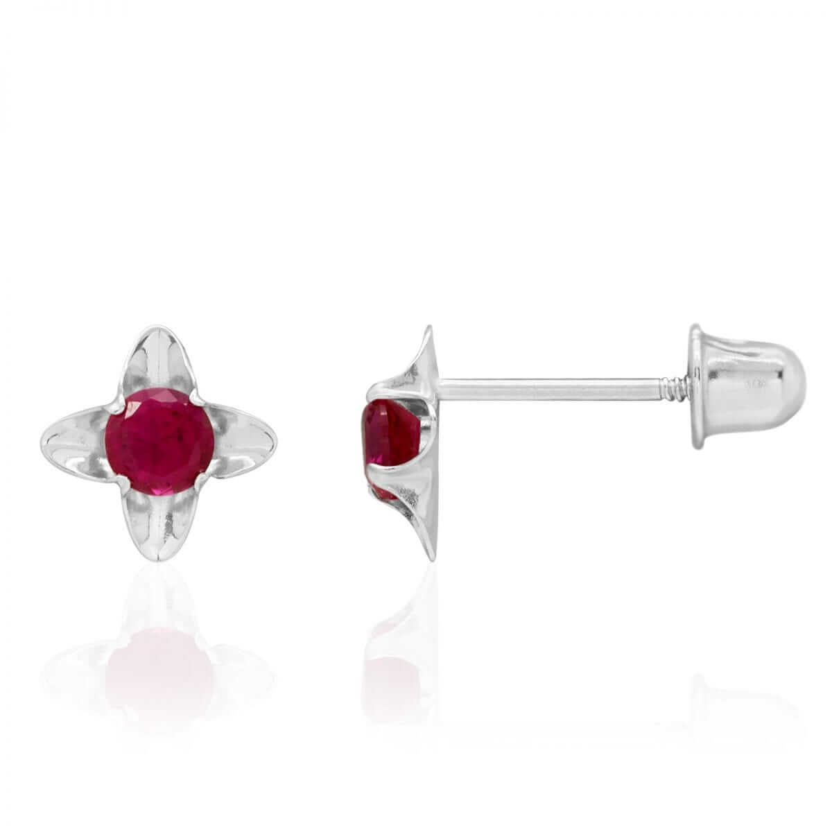 Round-Cut Ruby Gemstone Flower Baby Screwback Stud Earrings 5mm 14k White Gold