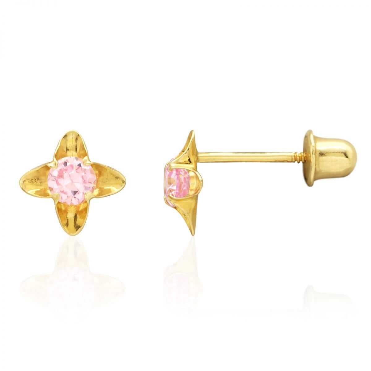 14K Gold Round-Cut Pink Tourmaline Flower Screwback Stud Earrings 5mm