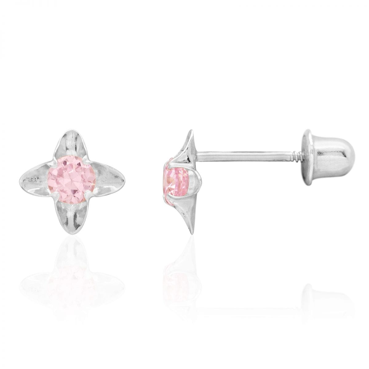 Round Cut Pink Tourmaline Flower Baby Screwback Stud Earrings 14k White Gold 5mm