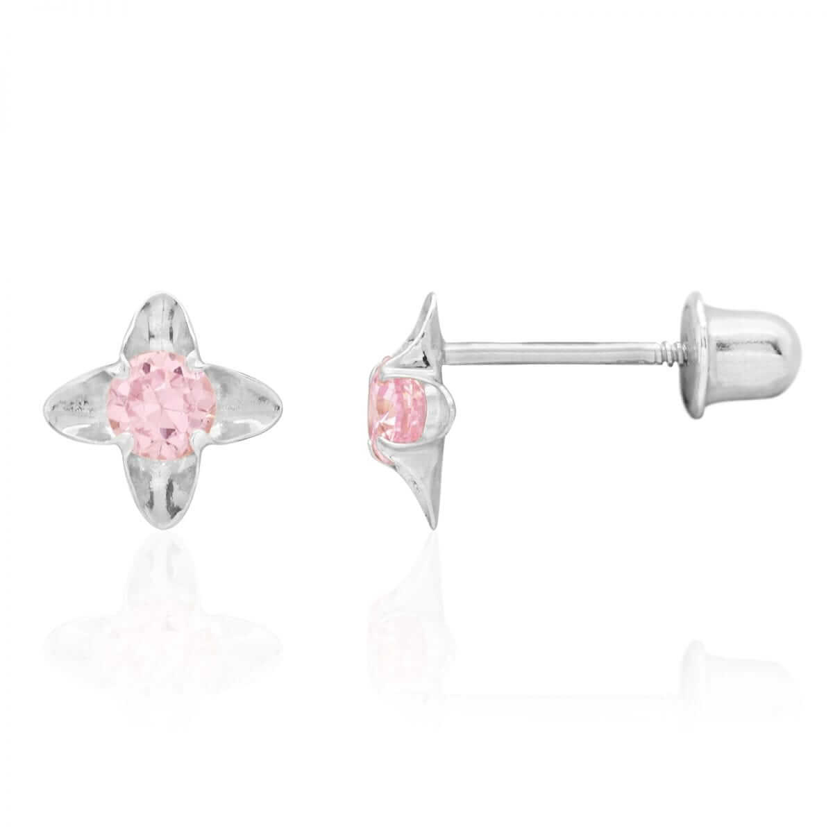 Round-Cut Pink Tourmaline Flower Baby Screwback Stud Earrings 14k White Gold 5mm