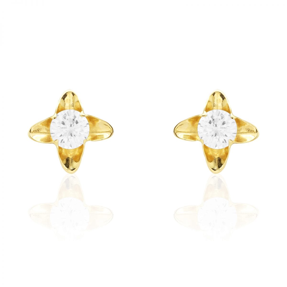 14K Real Gold Round-Cut White Zircon Flower Baby Screwback Stud Earrings 5mm