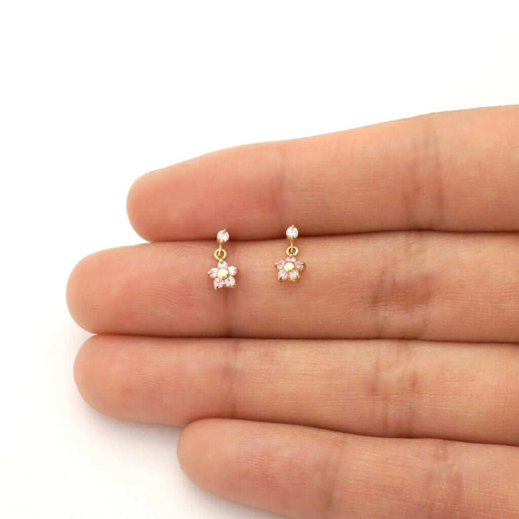 Kids 14K Yellow White Gold Pink Tourmaline Flower Dangle Earrings