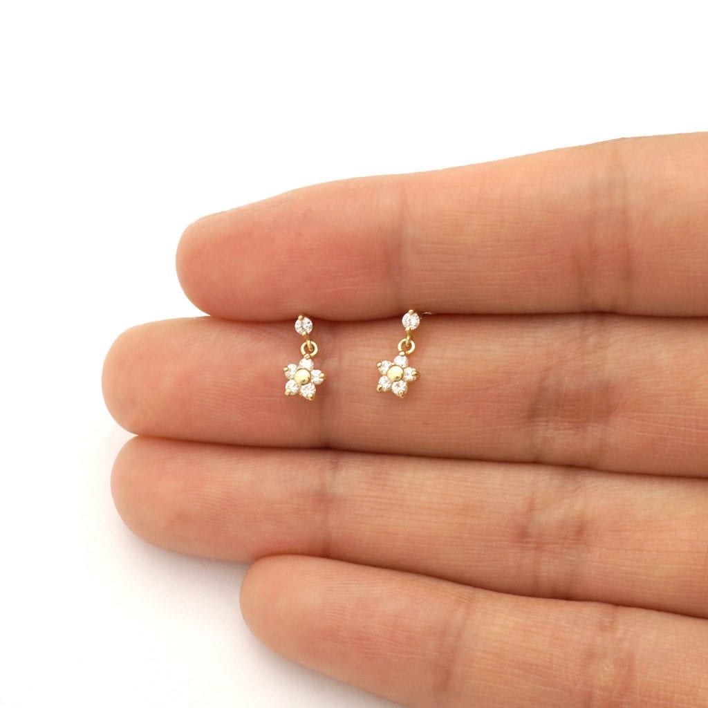 Kid's 14k Yellow White Gold Zircon Flower Dangle Screw Back Earrings