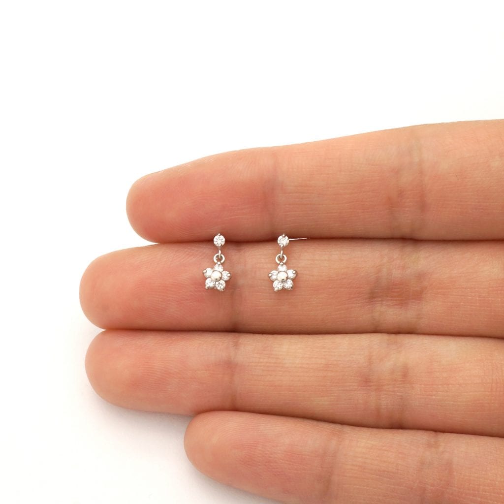 Kid's 14k Yellow White Gold Zircon Flower Dangle Screw Back Earrings