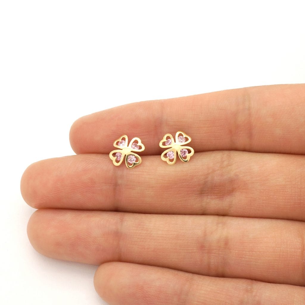 14k Yellow Gold Simulated Pink Tourmaline Lucky Clover Screwback Stud Earrings