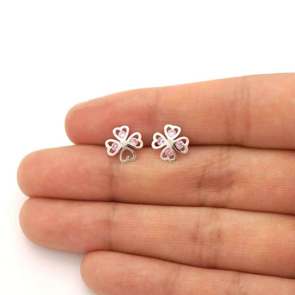 14k White Gold Lucky Charm Pink Tourmaline Clover Baby Screwback Stud Earrings