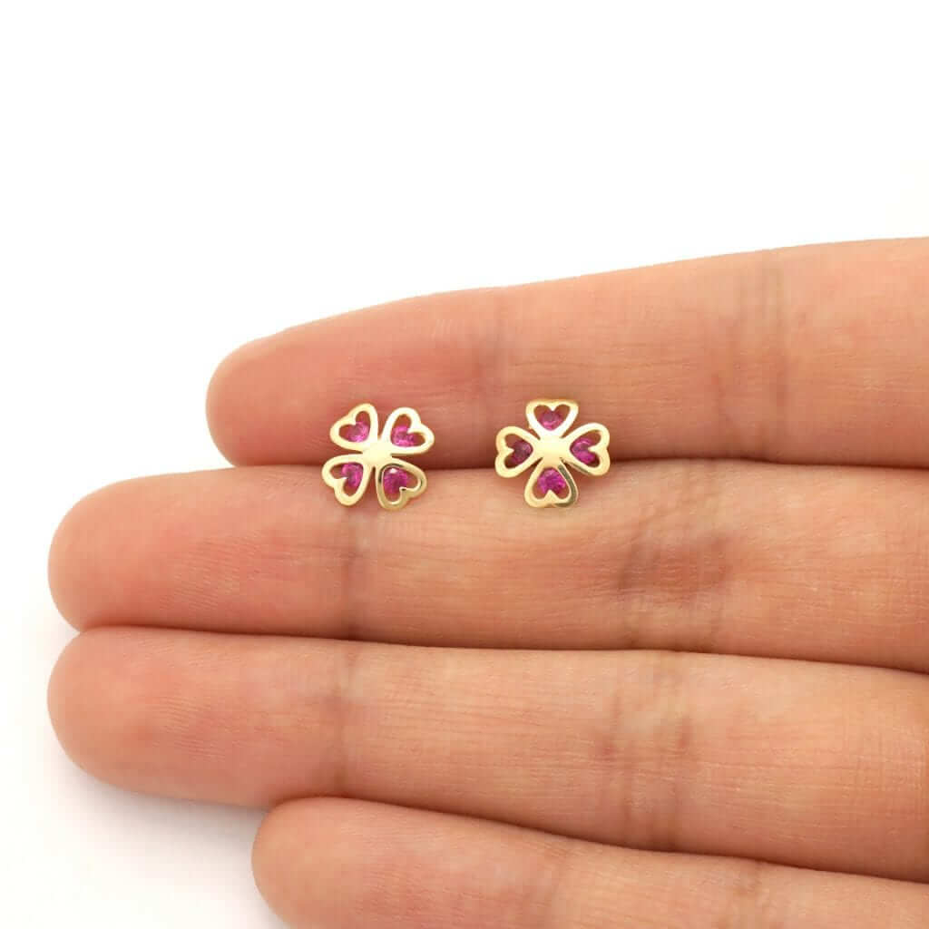 Round Ruby Four Leaf Clover 14k Yellow Gold Lucky Charm Screwback Stud Earrings