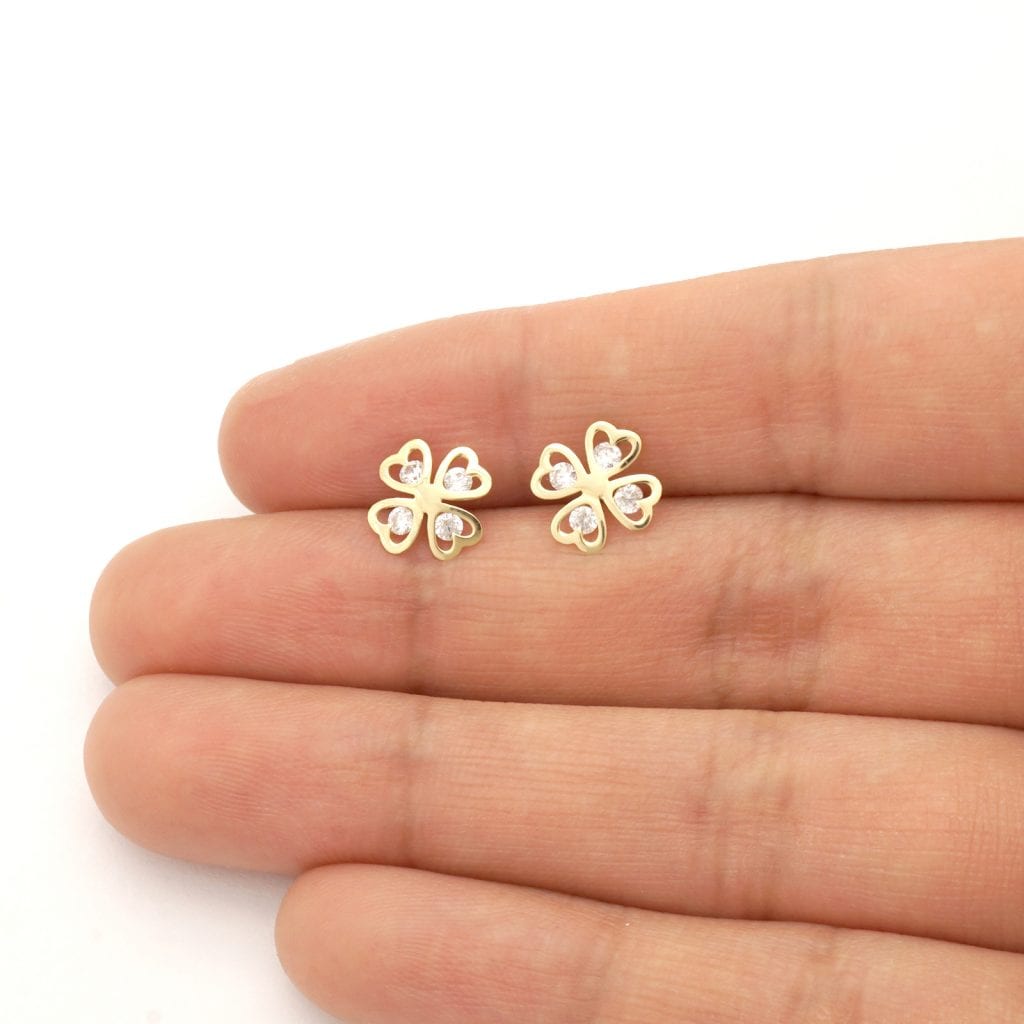 14k Yellow Gold Lucky Charm Round White Zircon Clover Screwback Stud Earrings