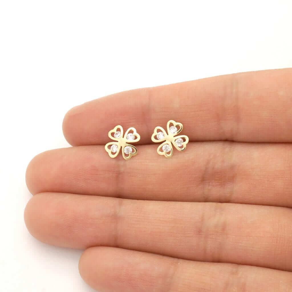 14k Yellow Gold Lucky Charm Round White Zircon Clover Screwback Stud Earrings