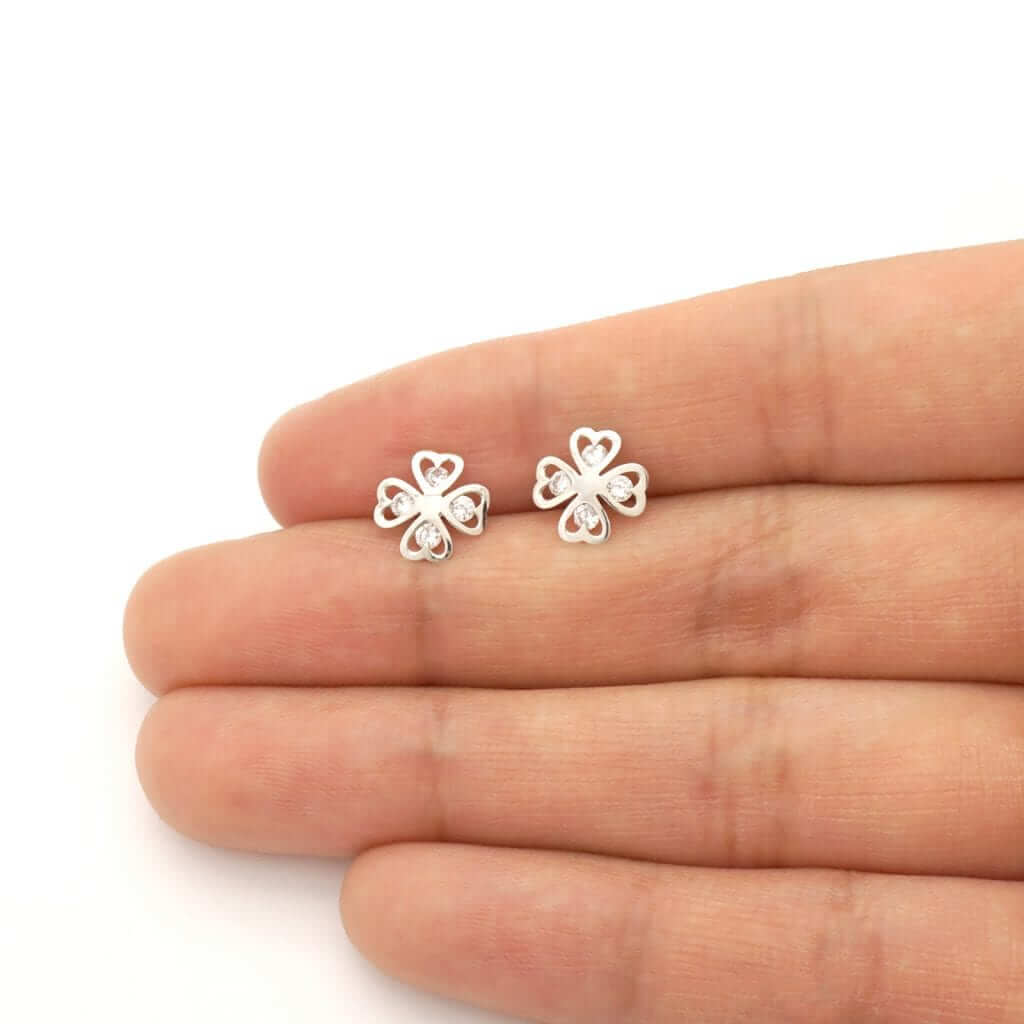 Round-Cut White Zircon Clover Lucky Charm Screwback Stud Earrings 14k White Gold
