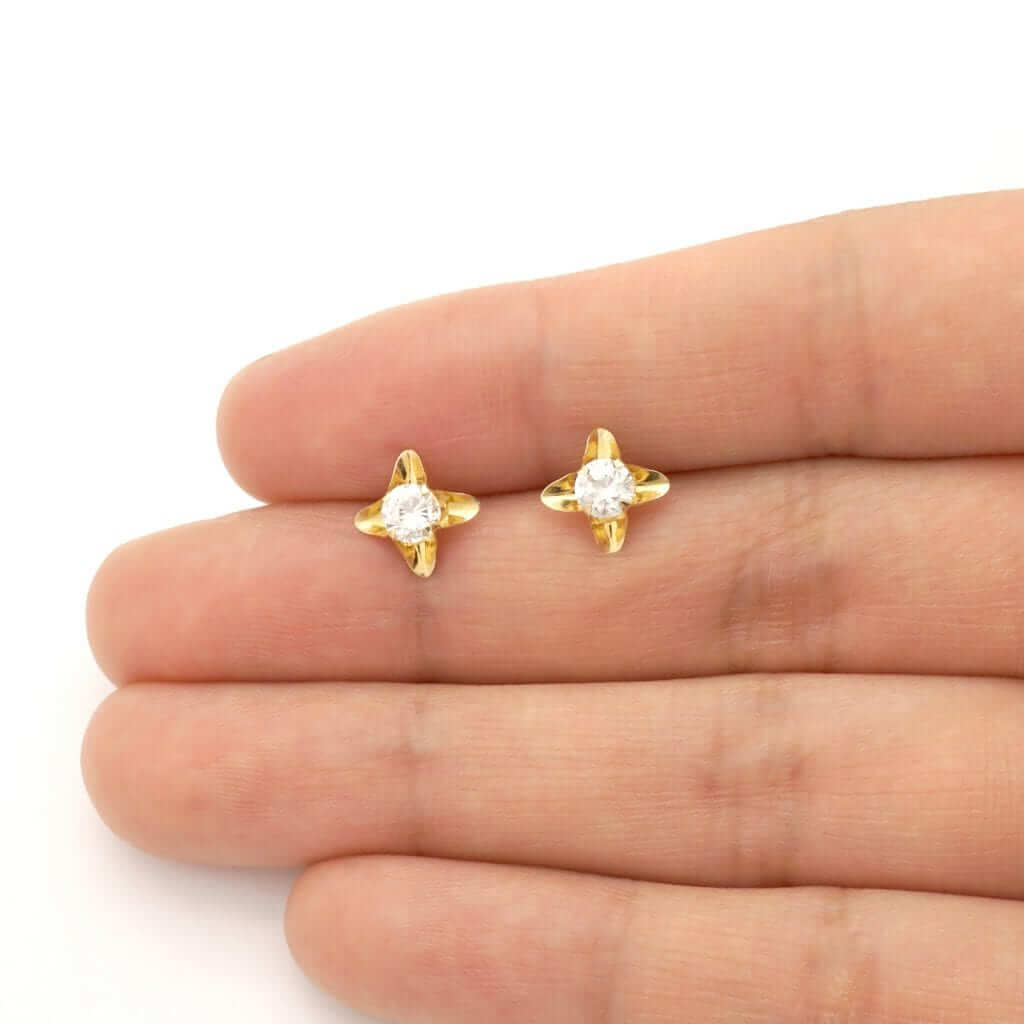 Round-Cut White Zircon Flower Baby Screwback Stud Earrings 14k Yellow Gold 7mm