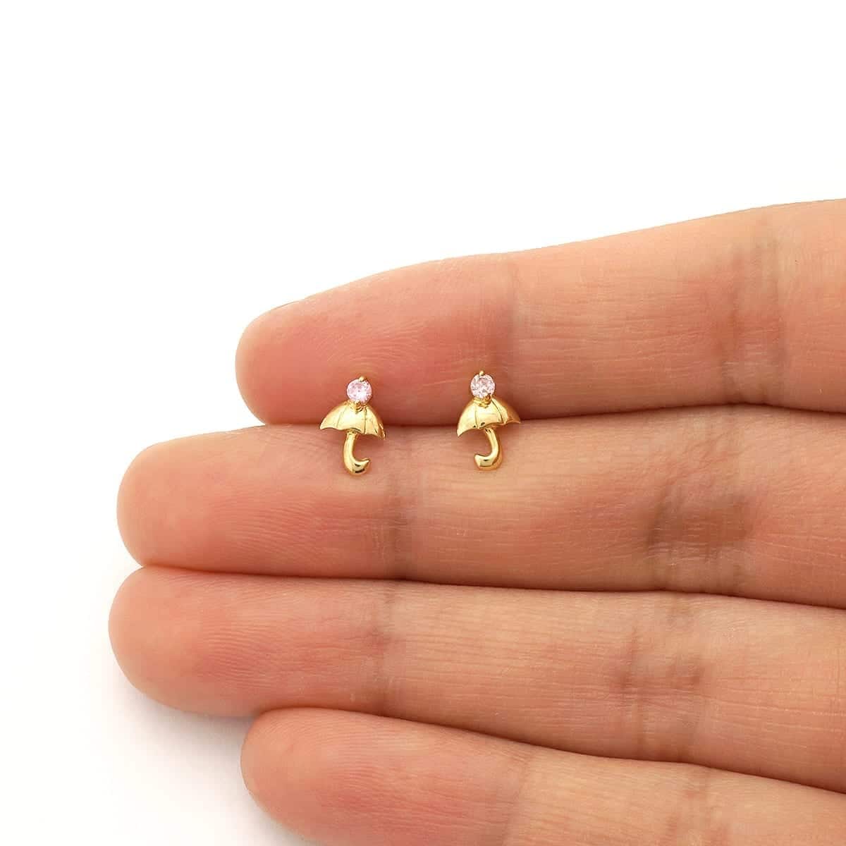14K Real Gold White Gold CZ Umbrella Screw Back Stud Earrings
