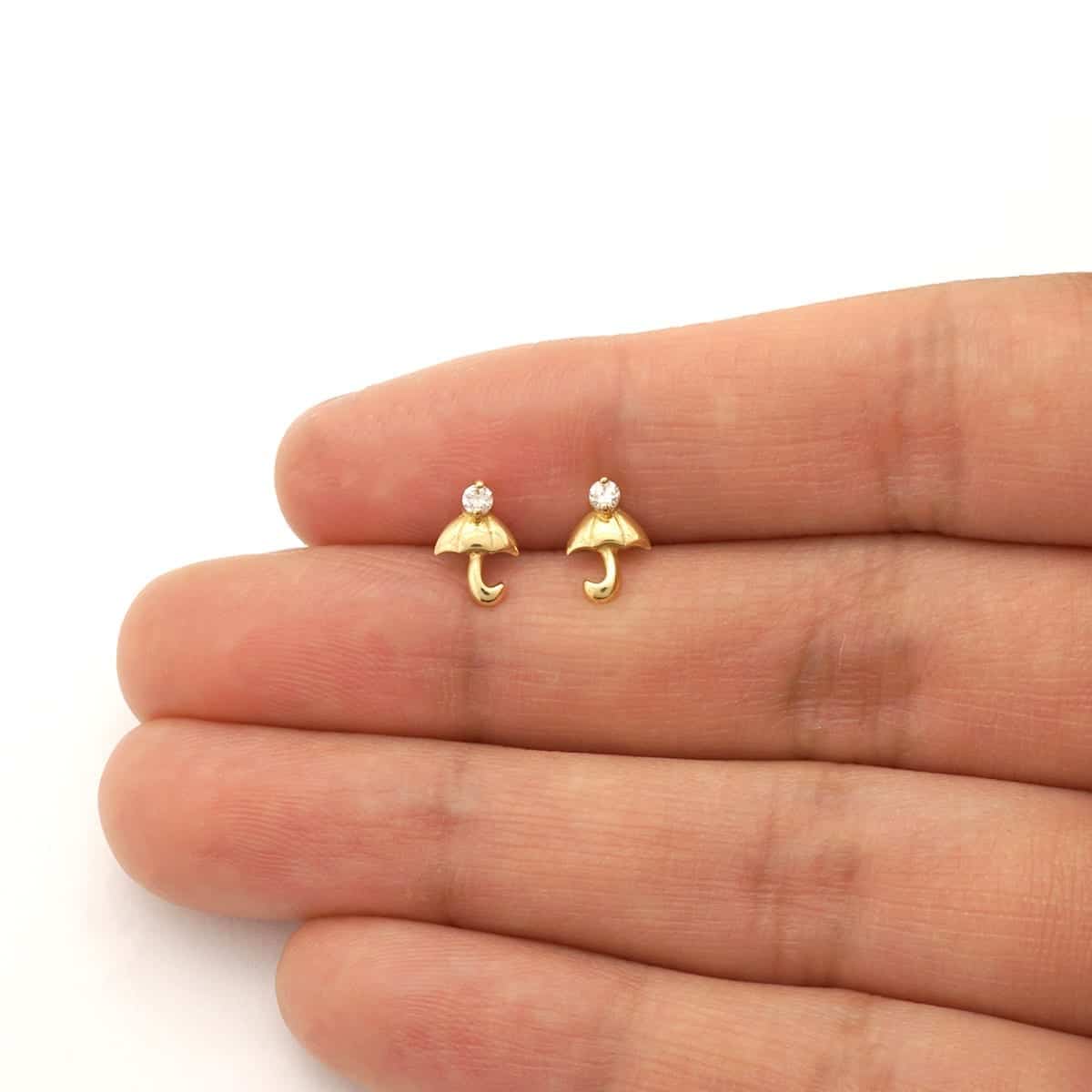 14K Real Gold White Gold CZ Umbrella Screw Back Stud Earrings
