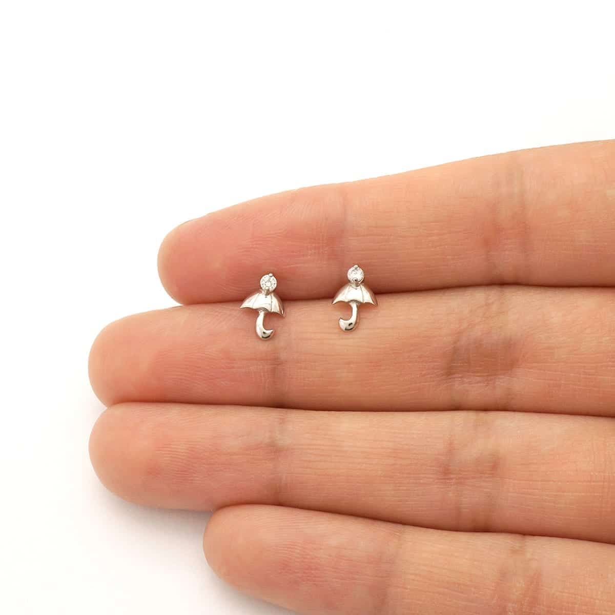 14K Real Gold White Gold CZ Umbrella Screw Back Stud Earrings