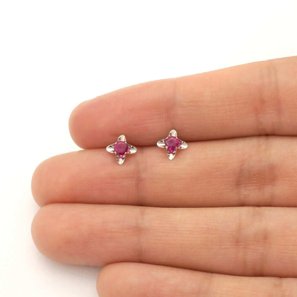 Round-Cut Ruby Gemstone Flower Baby Screwback Stud Earrings 5mm 14k White Gold
