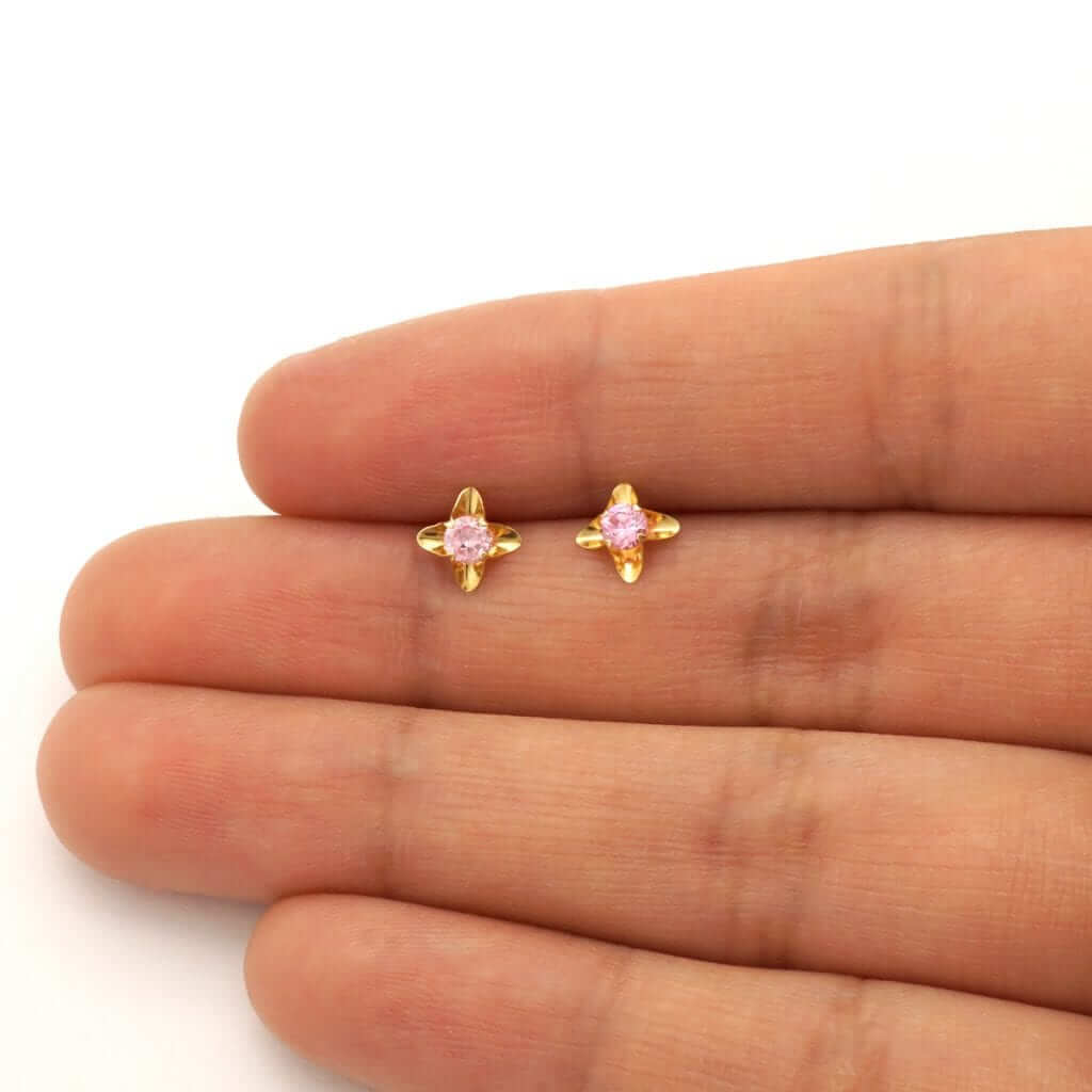 14K Gold Round-Cut Pink Tourmaline Flower Screwback Stud Earrings 5mm