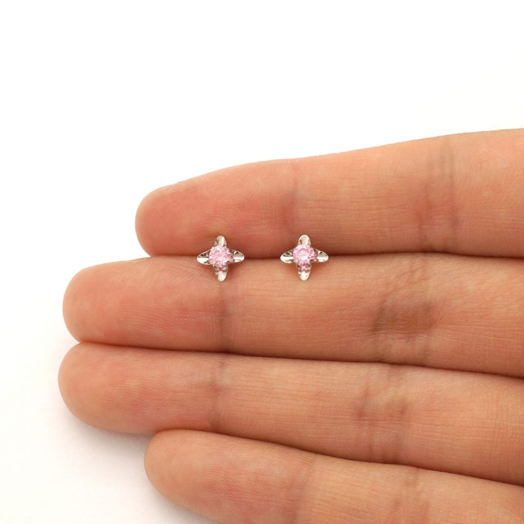 Round Cut Pink Tourmaline Flower Baby Screwback Stud Earrings 14k White Gold 5mm
