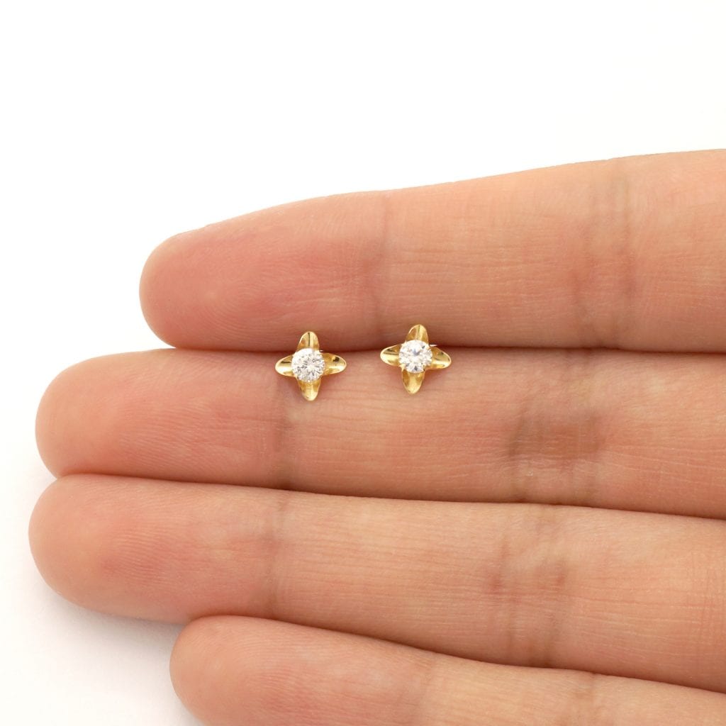 14K Real Gold Round-Cut White Zircon Flower Baby Screwback Stud Earrings 5mm
