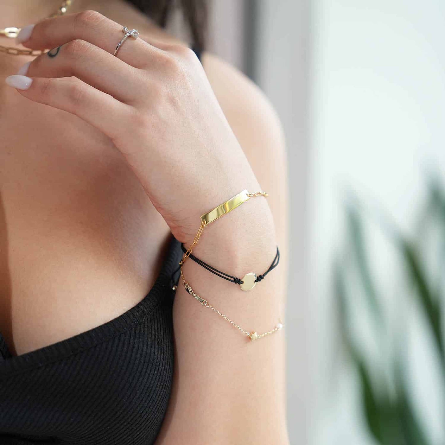 14K Yellow Gold 2mm Paperclip Name ID Bar Tag Bracelet Adjustable 6"-7"