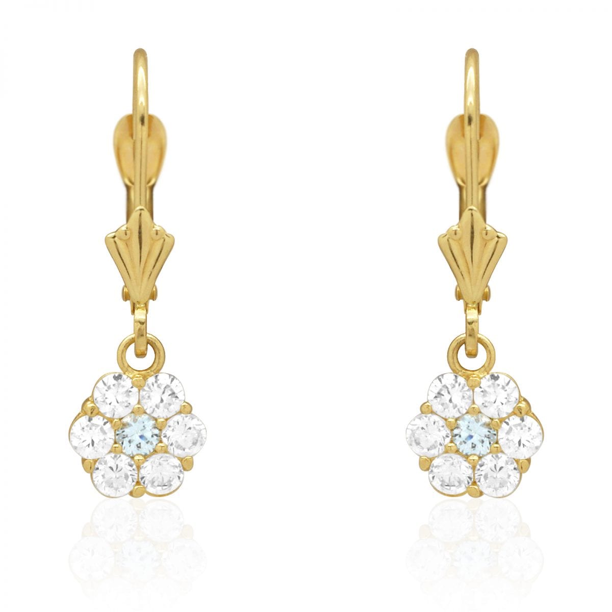 CZ Birthstone Flower Leverback Earrings 14k Yellow Gold