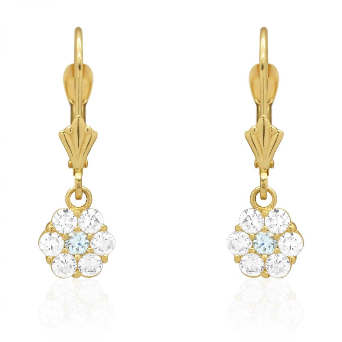 CZ Birthstone Flower Leverback Earrings 14k Yellow Gold
