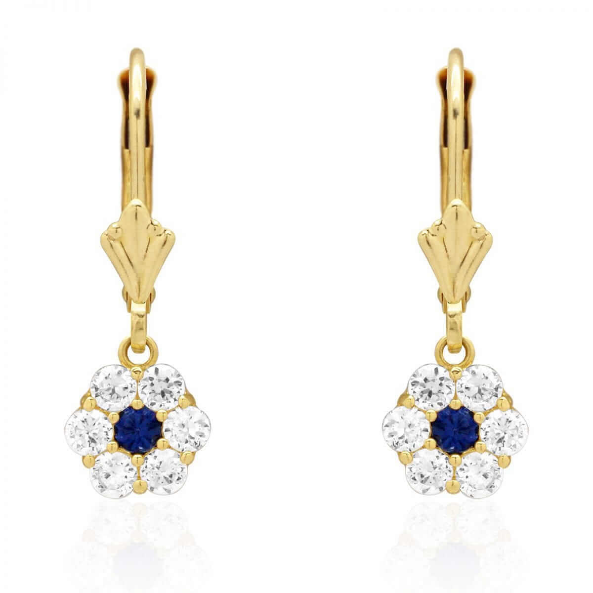 CZ Birthstone Flower Leverback Earrings 14k Yellow Gold