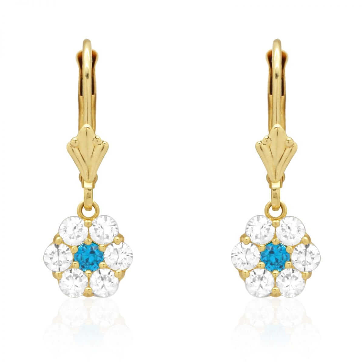CZ Birthstone Flower Leverback Earrings 14k Yellow Gold