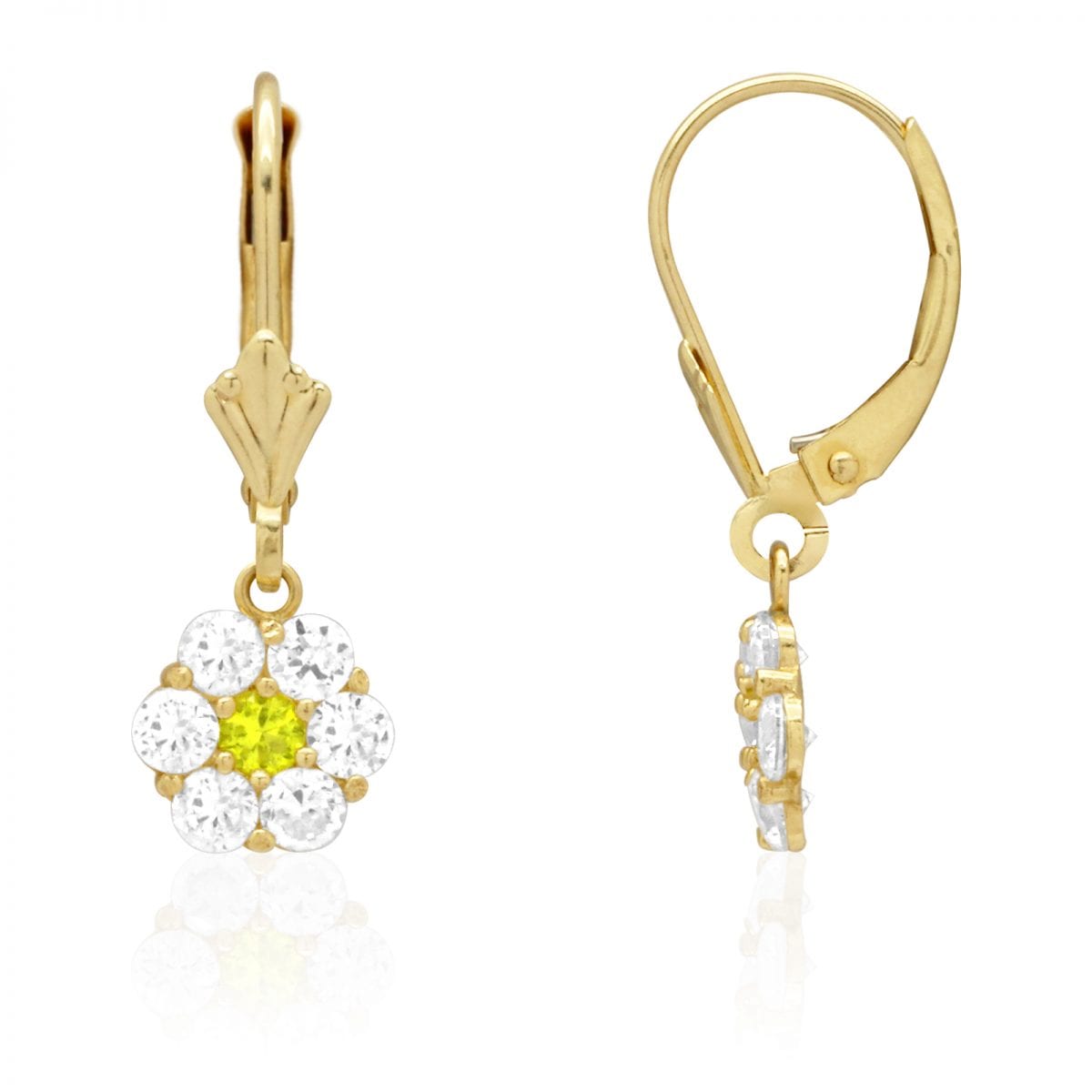 CZ Birthstone Flower Leverback Earrings 14k Yellow Gold