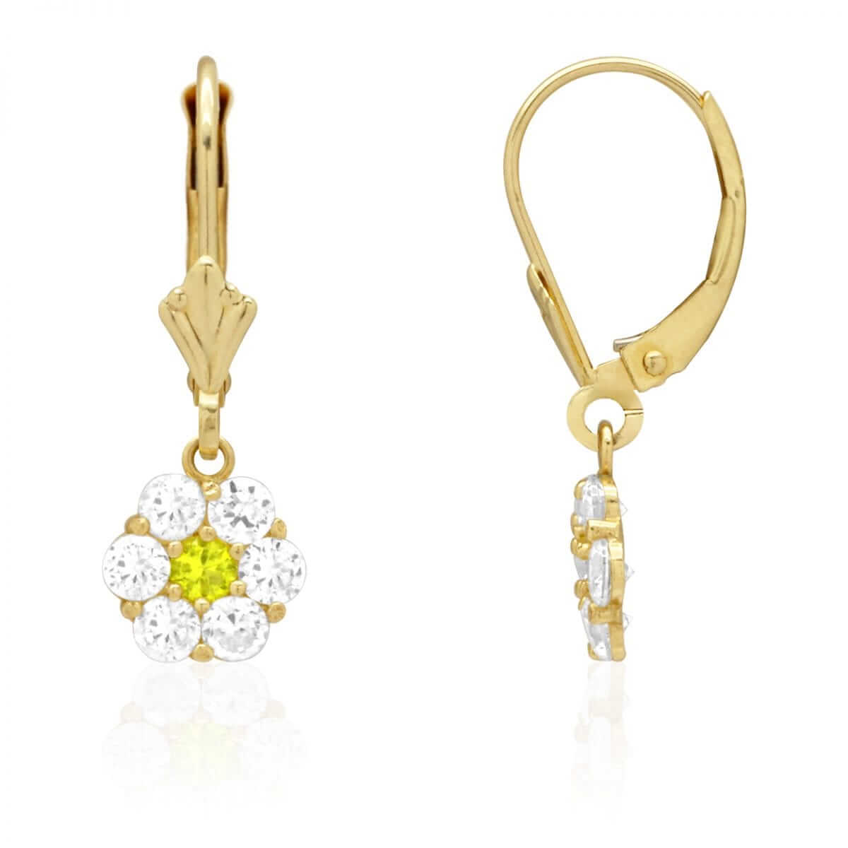 CZ Birthstone Flower Leverback Earrings 14k Yellow Gold