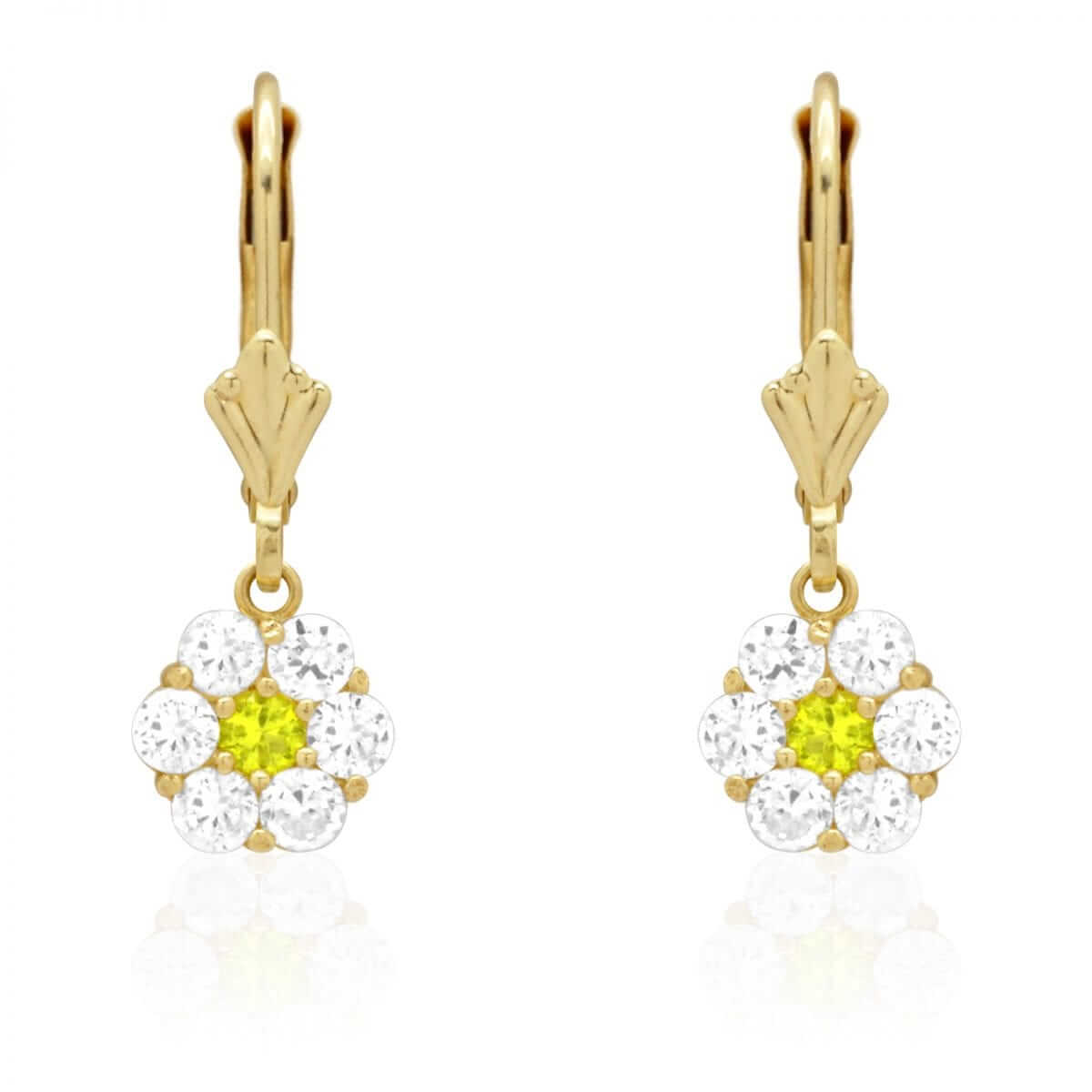 CZ Birthstone Flower Leverback Earrings 14k Yellow Gold