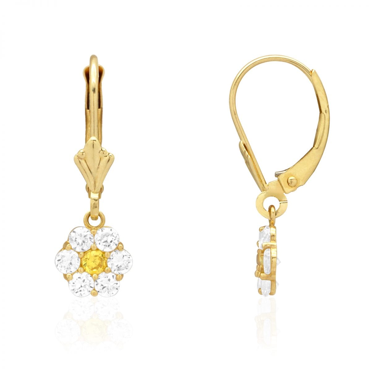 CZ Birthstone Flower Leverback Earrings 14k Yellow Gold