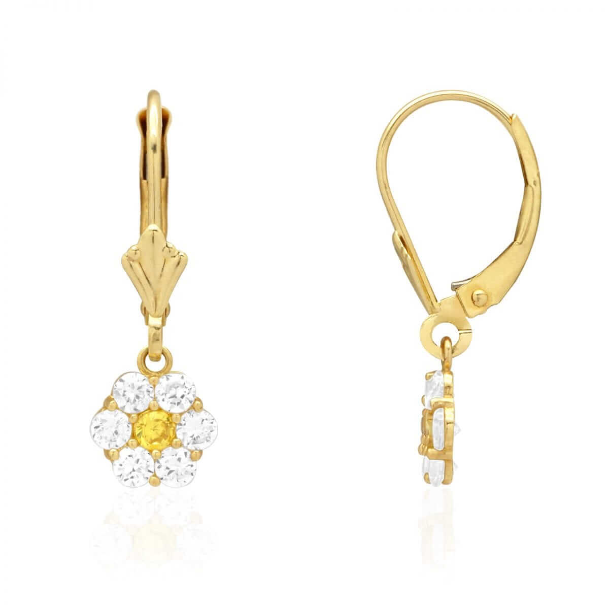 CZ Birthstone Flower Leverback Earrings 14k Yellow Gold