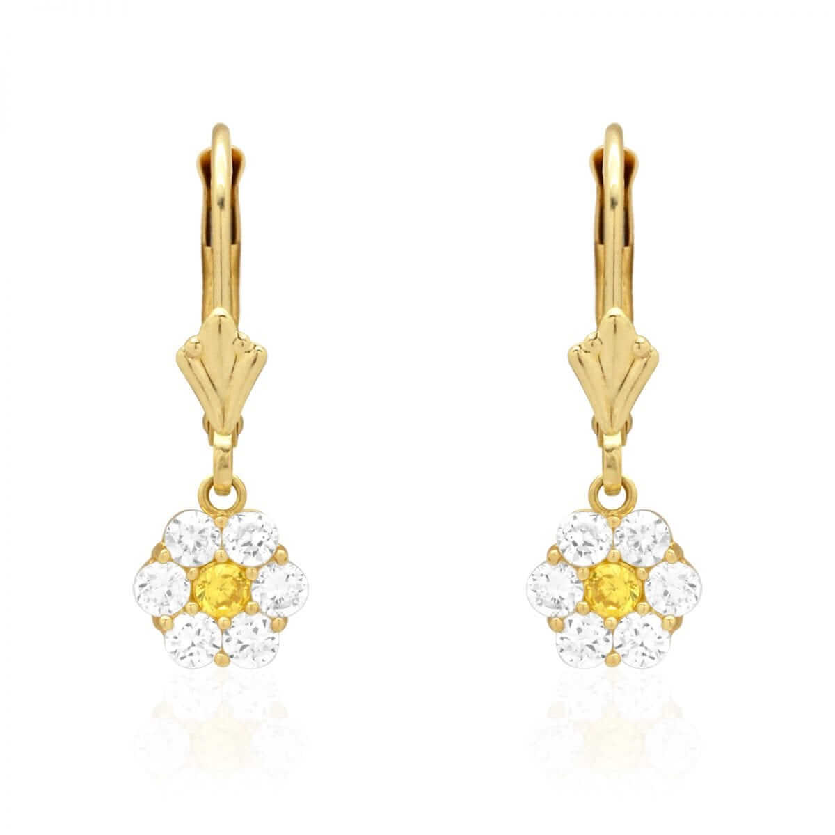 CZ Birthstone Flower Leverback Earrings 14k Yellow Gold