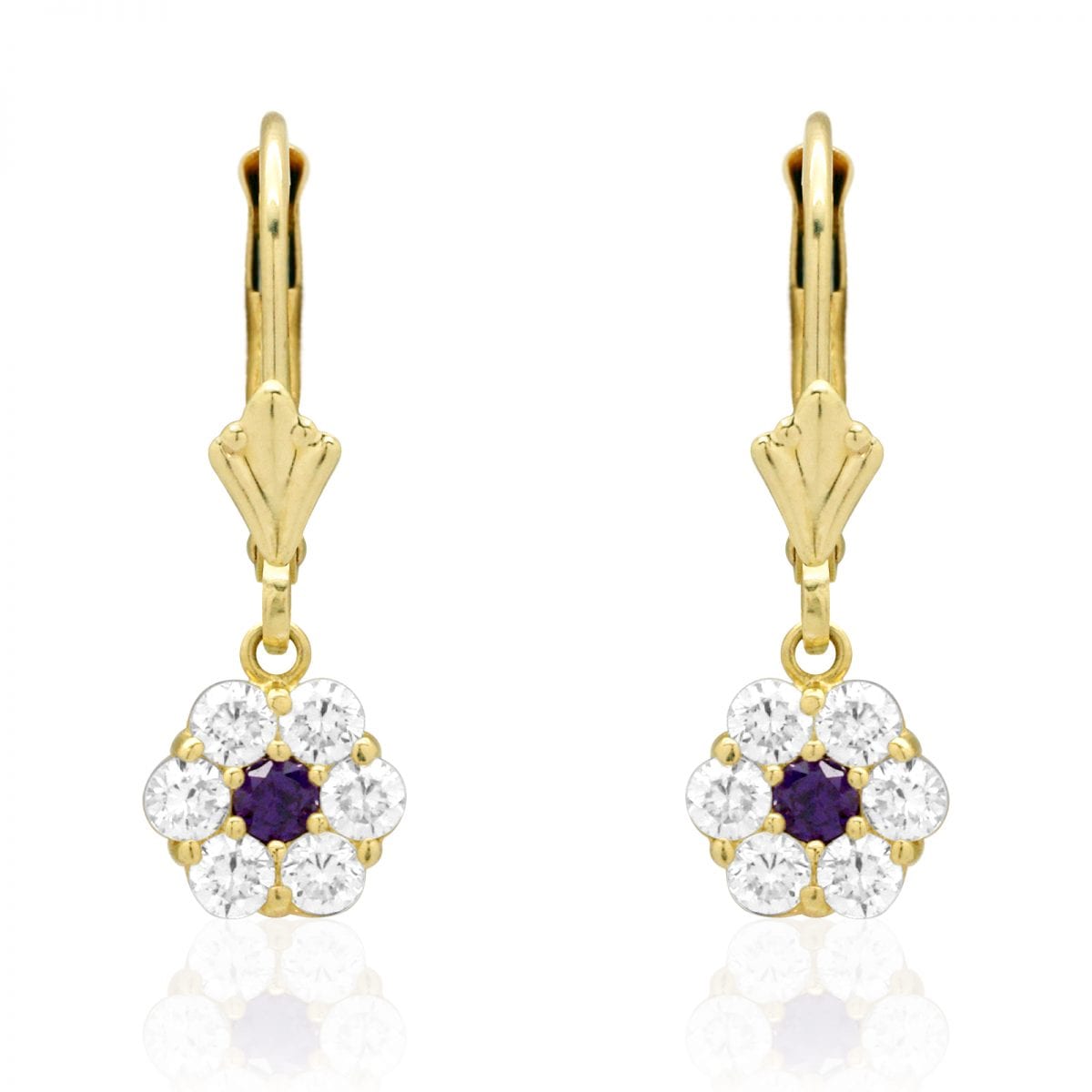 CZ Birthstone Flower Leverback Earrings 14k Yellow Gold