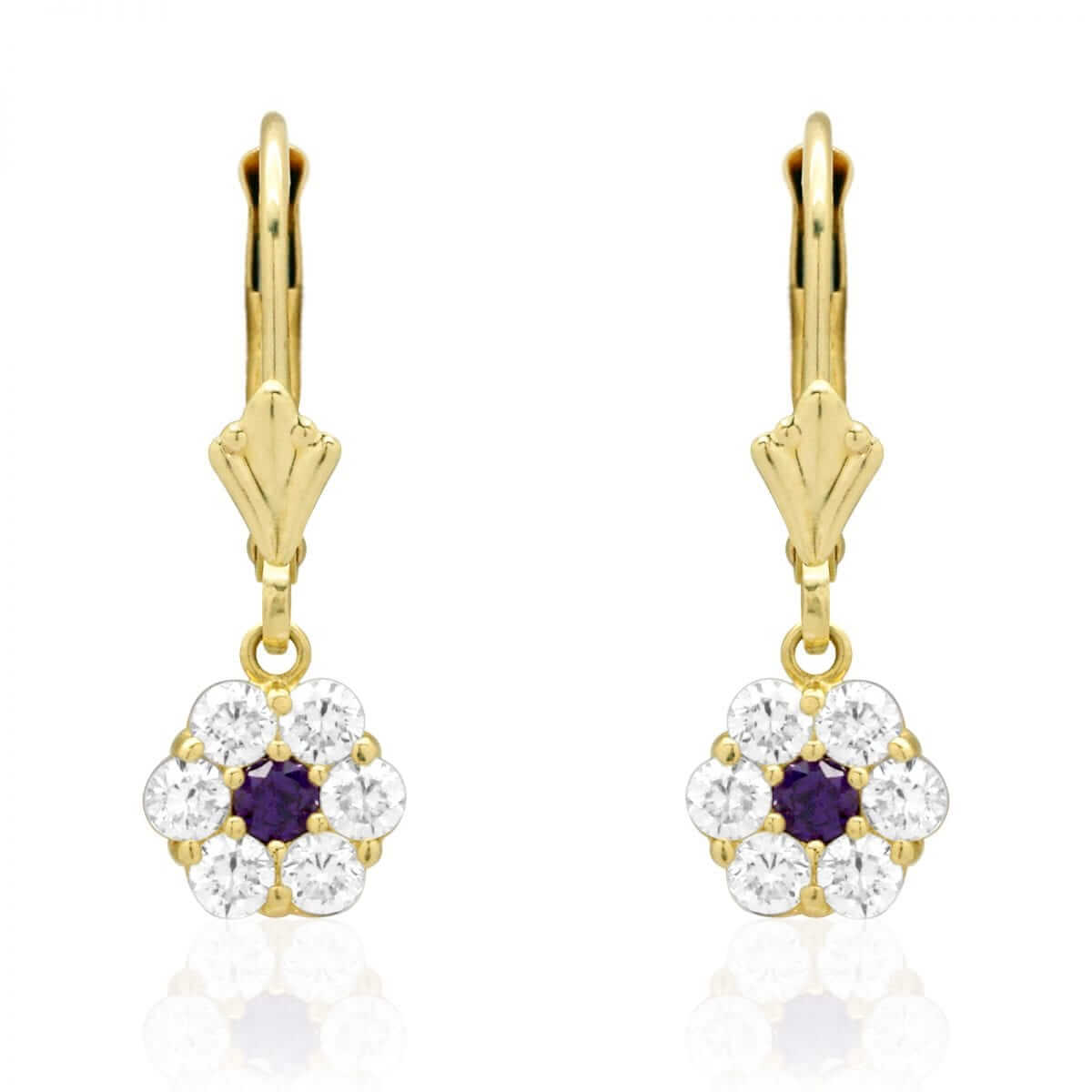 CZ Birthstone Flower Leverback Earrings 14k Yellow Gold