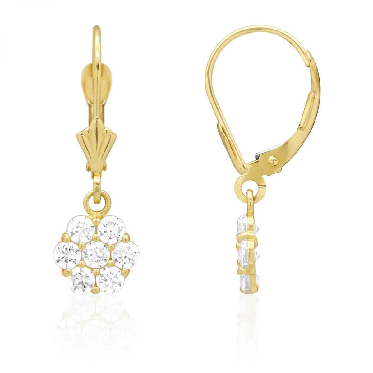 CZ Birthstone Flower Leverback Earrings 14k Yellow Gold