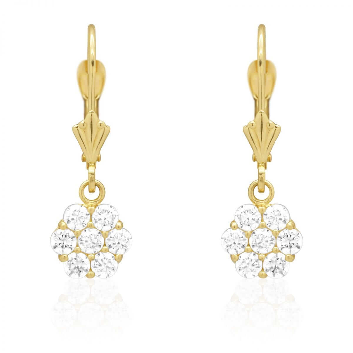 CZ Birthstone Flower Leverback Earrings 14k Yellow Gold