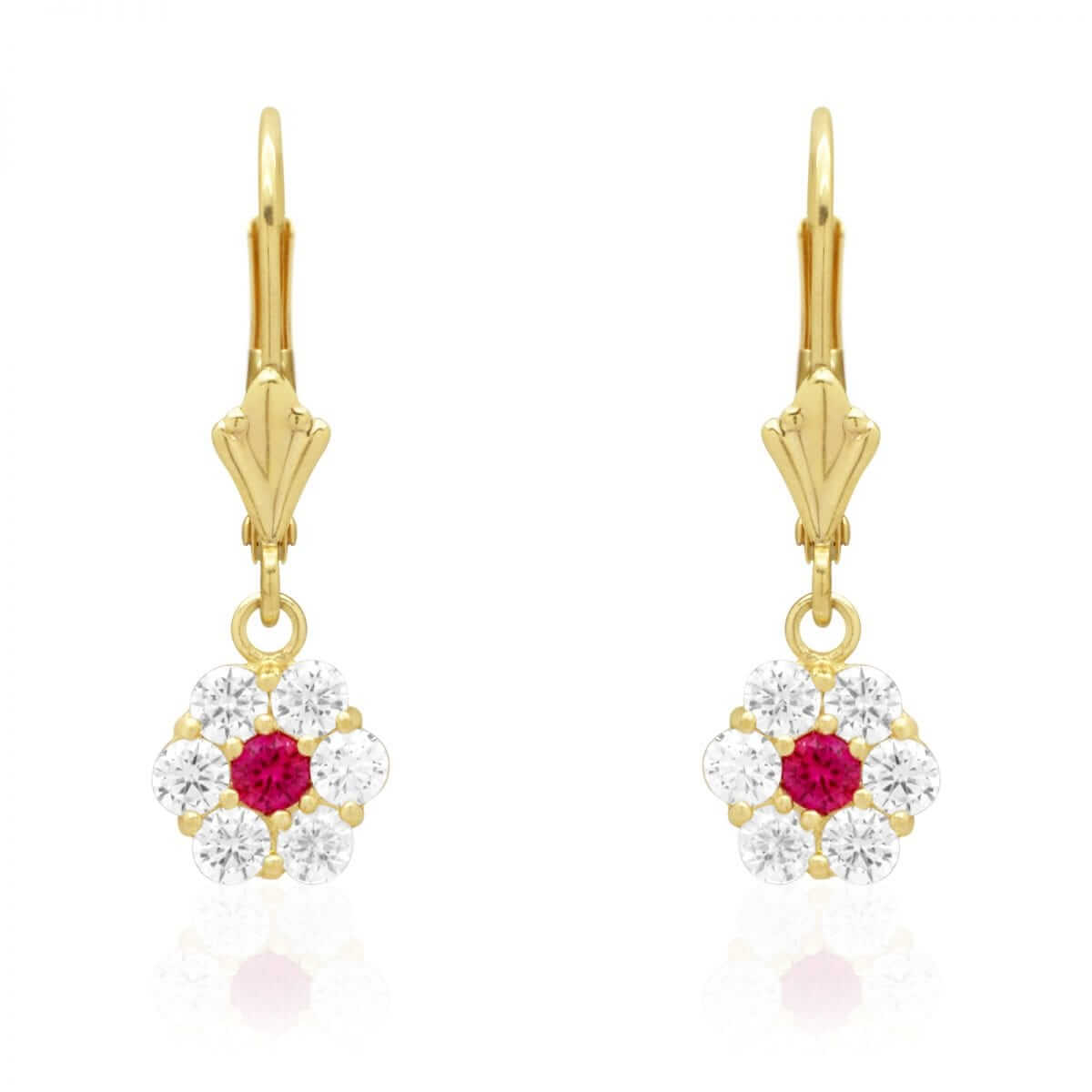 CZ Birthstone Flower Leverback Earrings 14k Yellow Gold